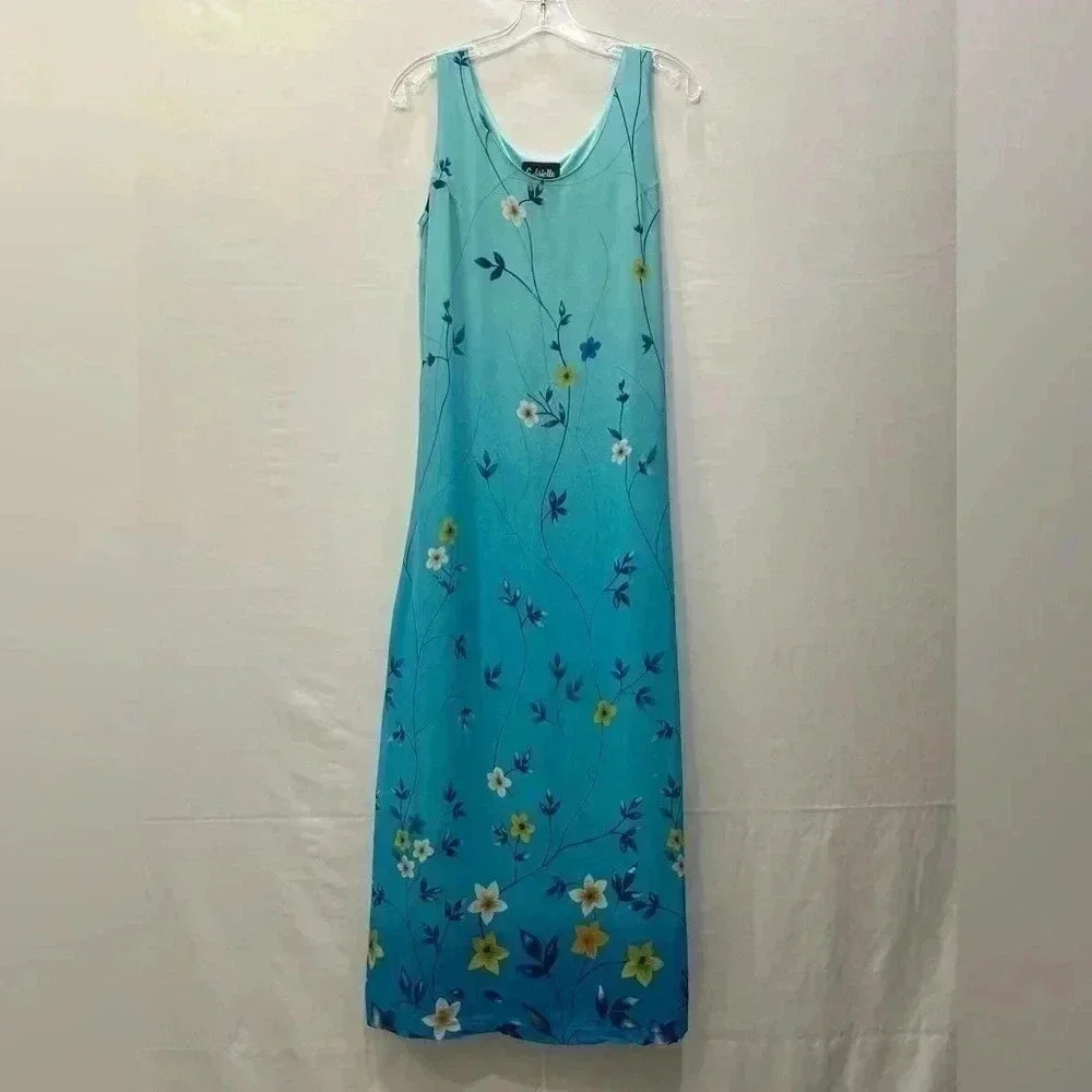 Gabrielle Floral Blue Dress Sleeveless Scoop Neck Knee Length Women's Size Small